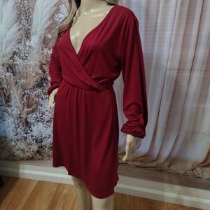 Lendingstar Women's Large Burgundy Red Surplice Long Sleeve Above Knee Dress